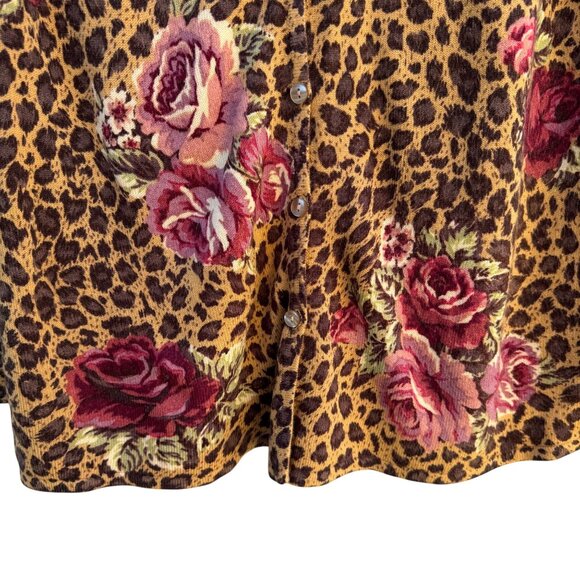 Avon Vintage Womens Leopard Print Rose Floral Knit One Piece Cardigan Sweater M - Picture 7 of 9